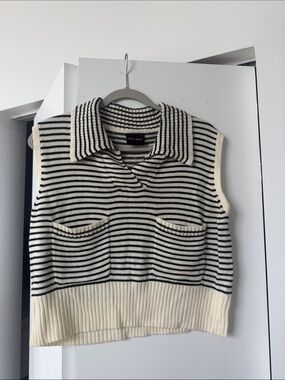 Striped Knit Sleeveless Polo Tank Top - Black & Cream